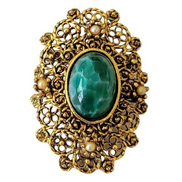 Gold Tone Vintage Oval Filigree Green Mottled Cab Faux Pearl Brooch E851 - Picture 9 of 9